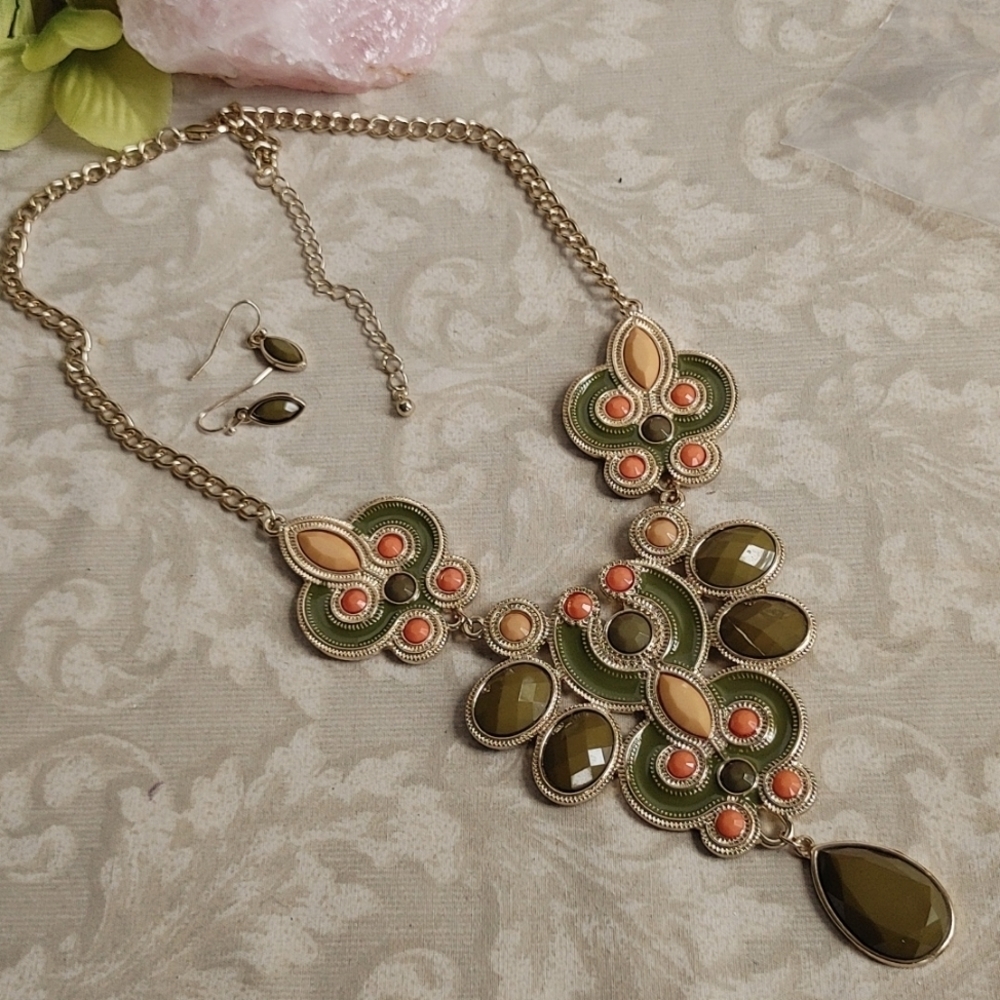 Boho Gold and Green Statement Necklace Earrings Set